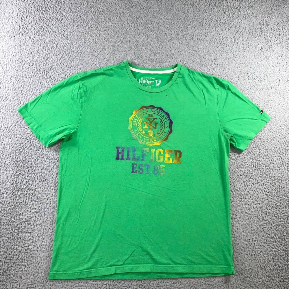 Tommy Hilfiger T-Shirt Men XL y2k Green Iridescent Athletic Graphic Crew Neck